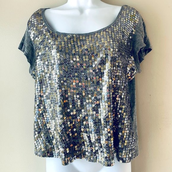 FOREVER 21 grey t-shirt silver gold sequins size M - Picture 1 of 9